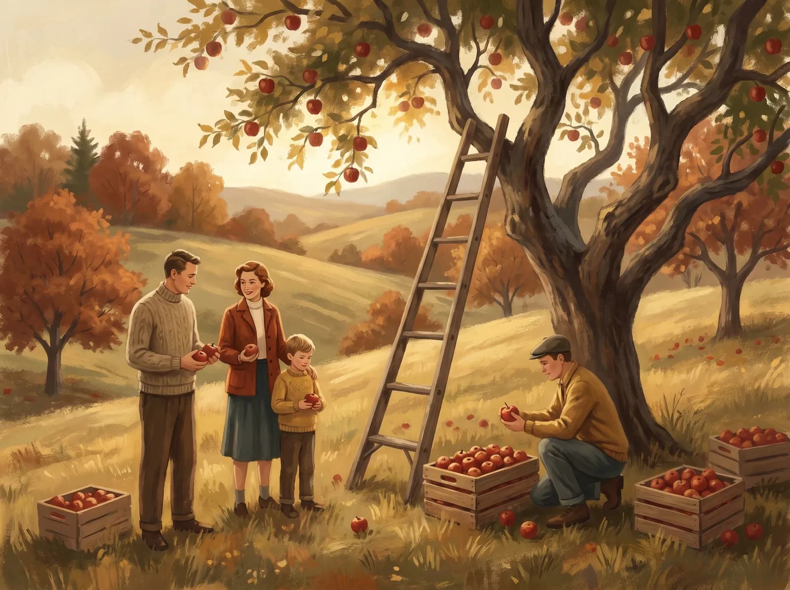 Illustration of a family picking apples in a Maine orchard in September — crates, ladder, golden light