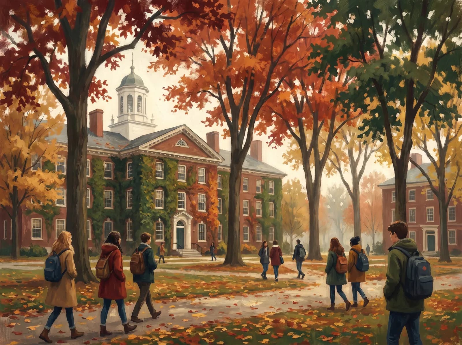 Illustration of a historic New England college quad in autumn — brick hall with a white cupola and maple trees