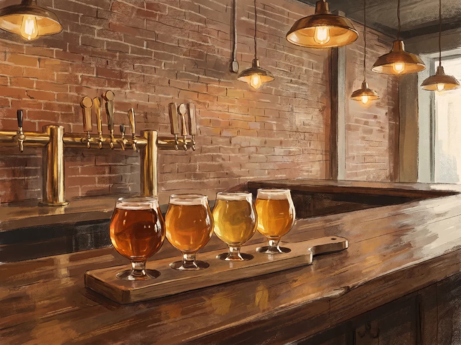Illustration of a craft-beer tasting flight on a wooden bar in a cozy brick-walled taproom