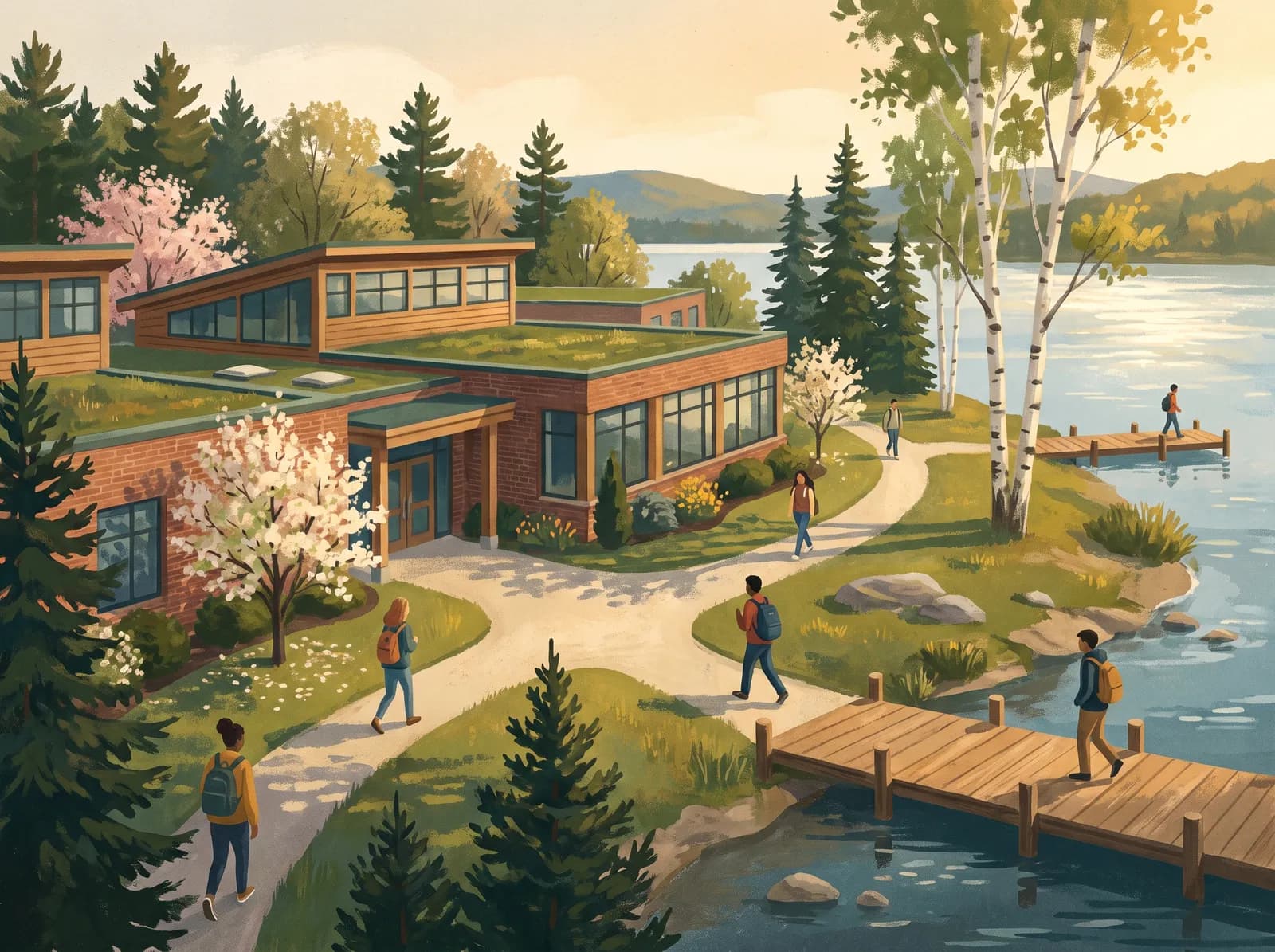 Illustration of a lakeside community college campus on a spring morning with students on a walkway