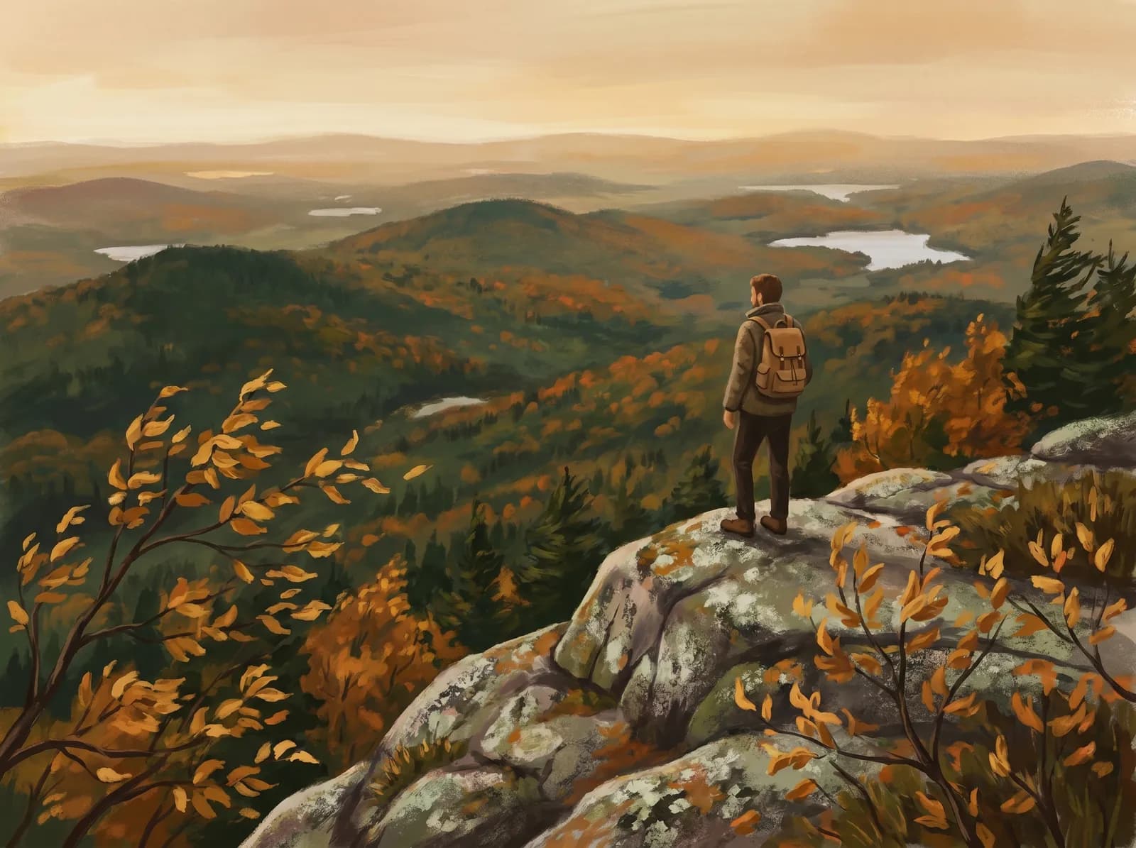 Illustration of a hiker on a granite summit overlooking forested hills and lakes in Maine