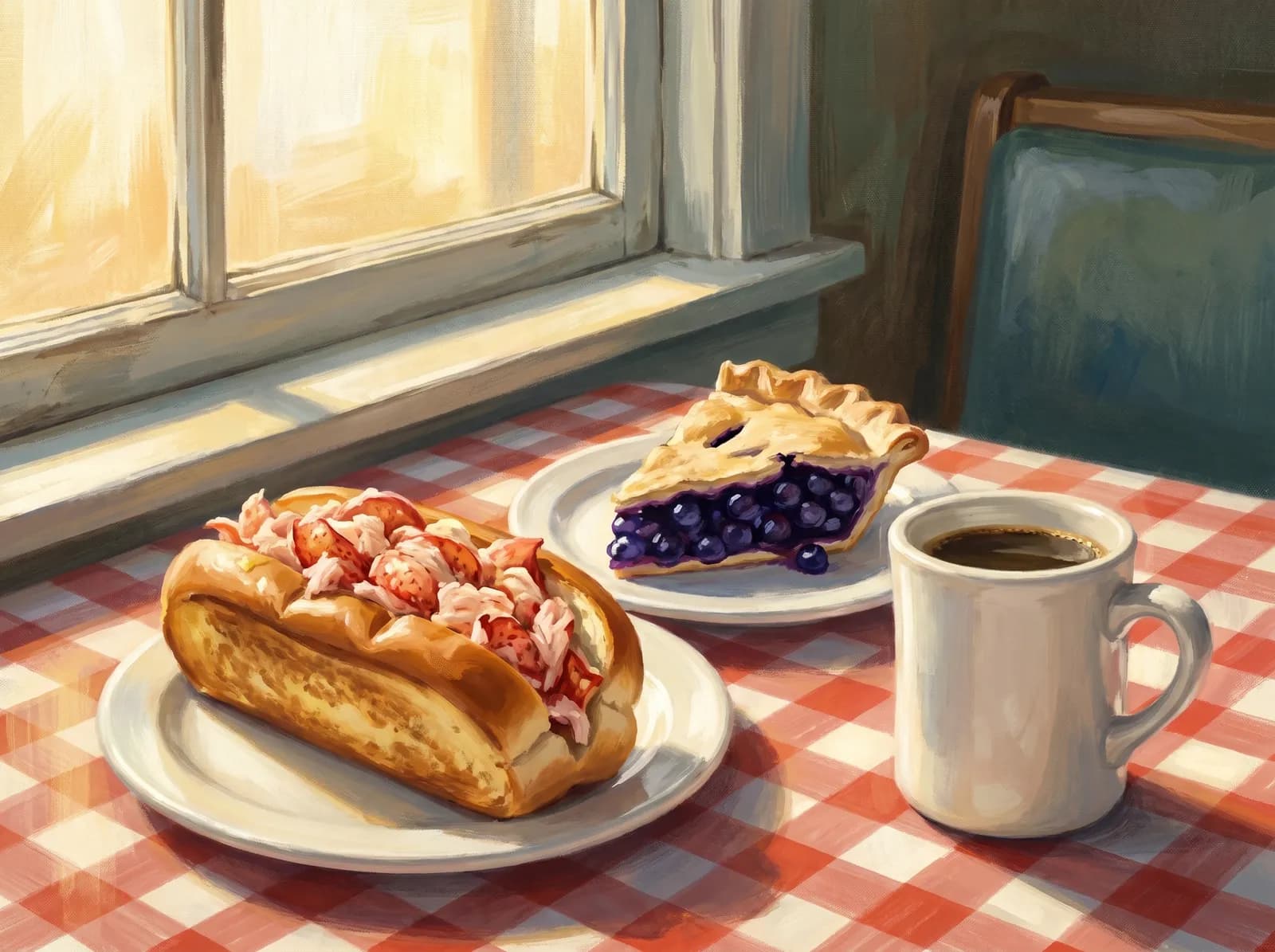 Illustration of a classic Maine diner table — lobster roll, wild blueberry pie, and coffee by a sunny window