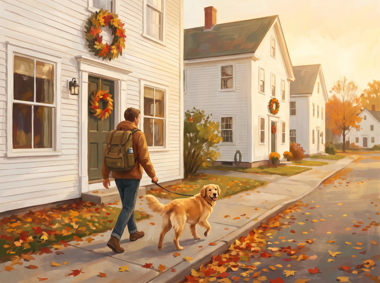 Illustration of a traveler walking a golden retriever along a small-town New England sidewalk in autumn