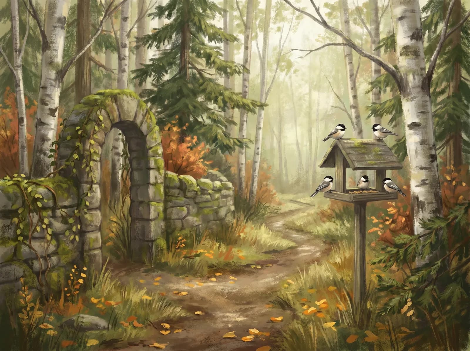 Illustration of a quiet bird sanctuary path through New England woods with a mossy stone gateway