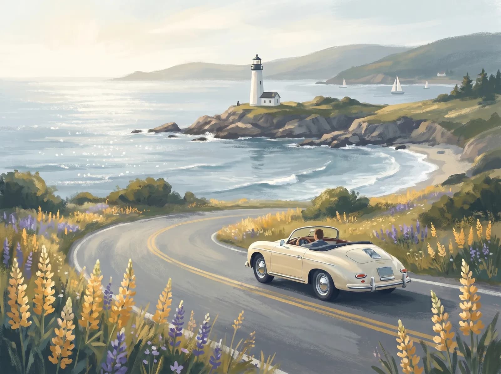 Illustration of a car on a winding coastal Maine road with a lighthouse in the distance