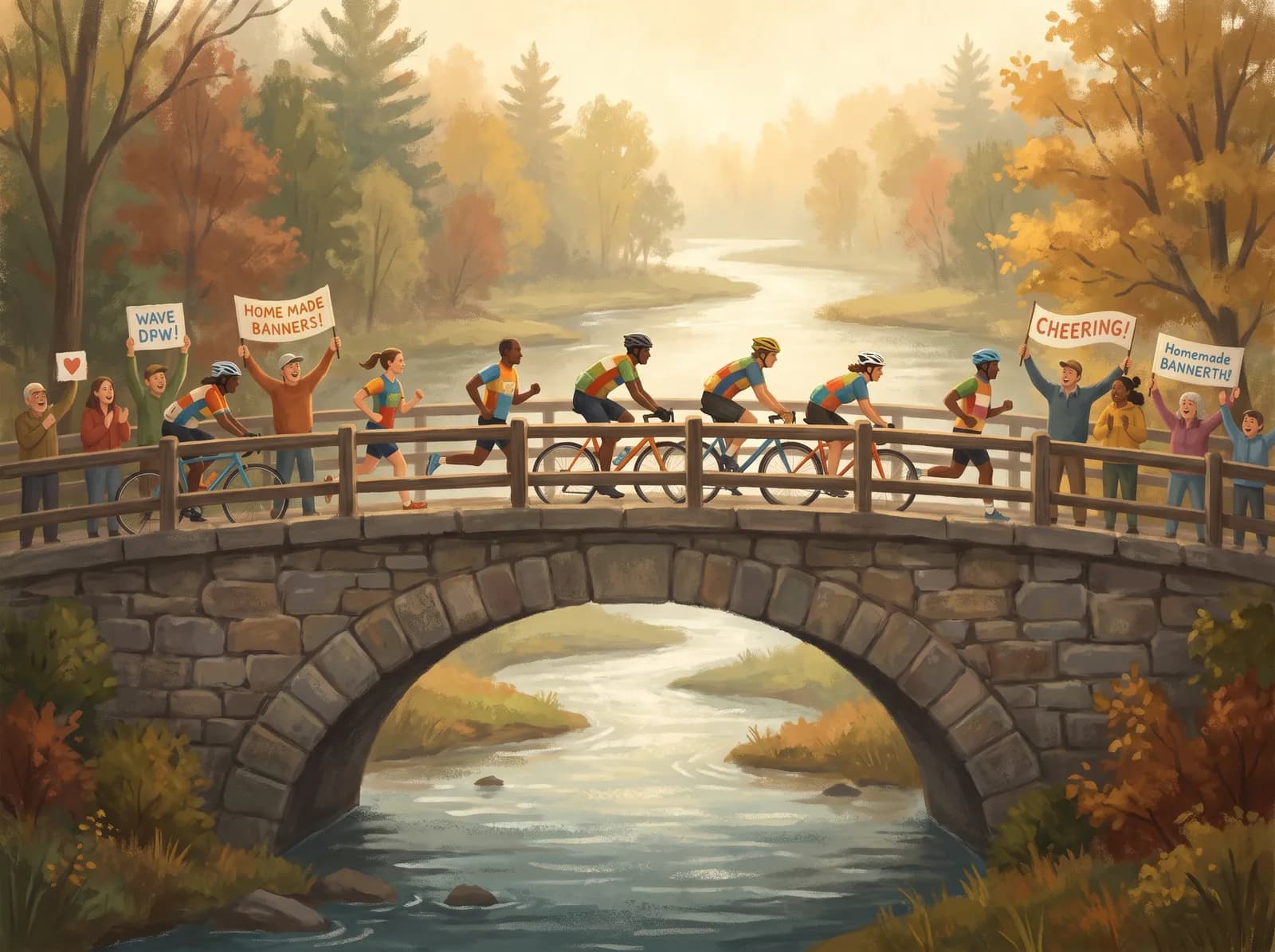 Illustration of cyclists and runners crossing a river bridge in a community charity event with cheering spectators